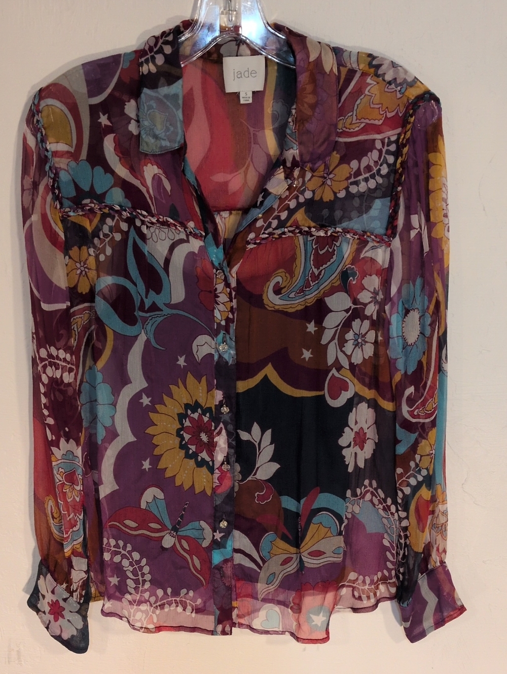 Jade Multicolor Sheer Floral Paisley Button-Up Blouse